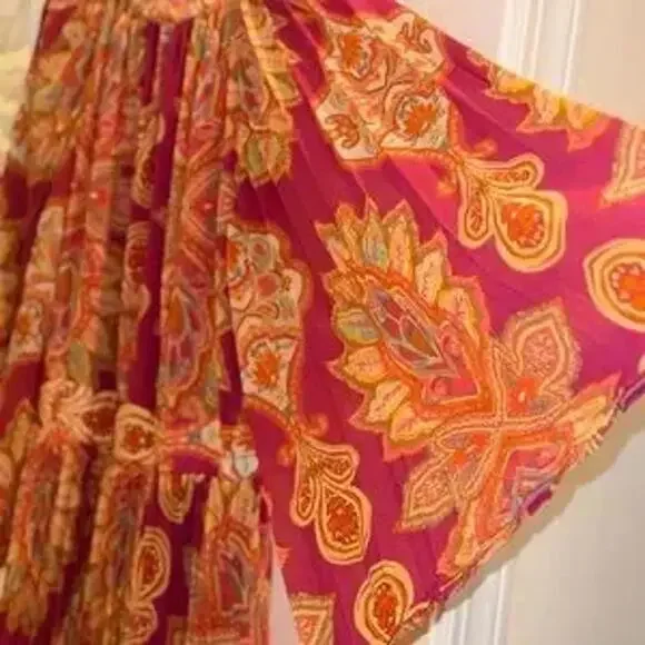 NWT High Neck Pink and Orange Paisley Pleated Open Back Maxi Dress Size XL